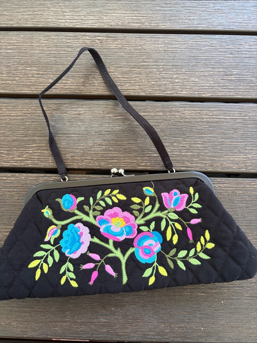 Vera Bradley Black Quilted Clutch Bag with Multicolor Floral Embroidery